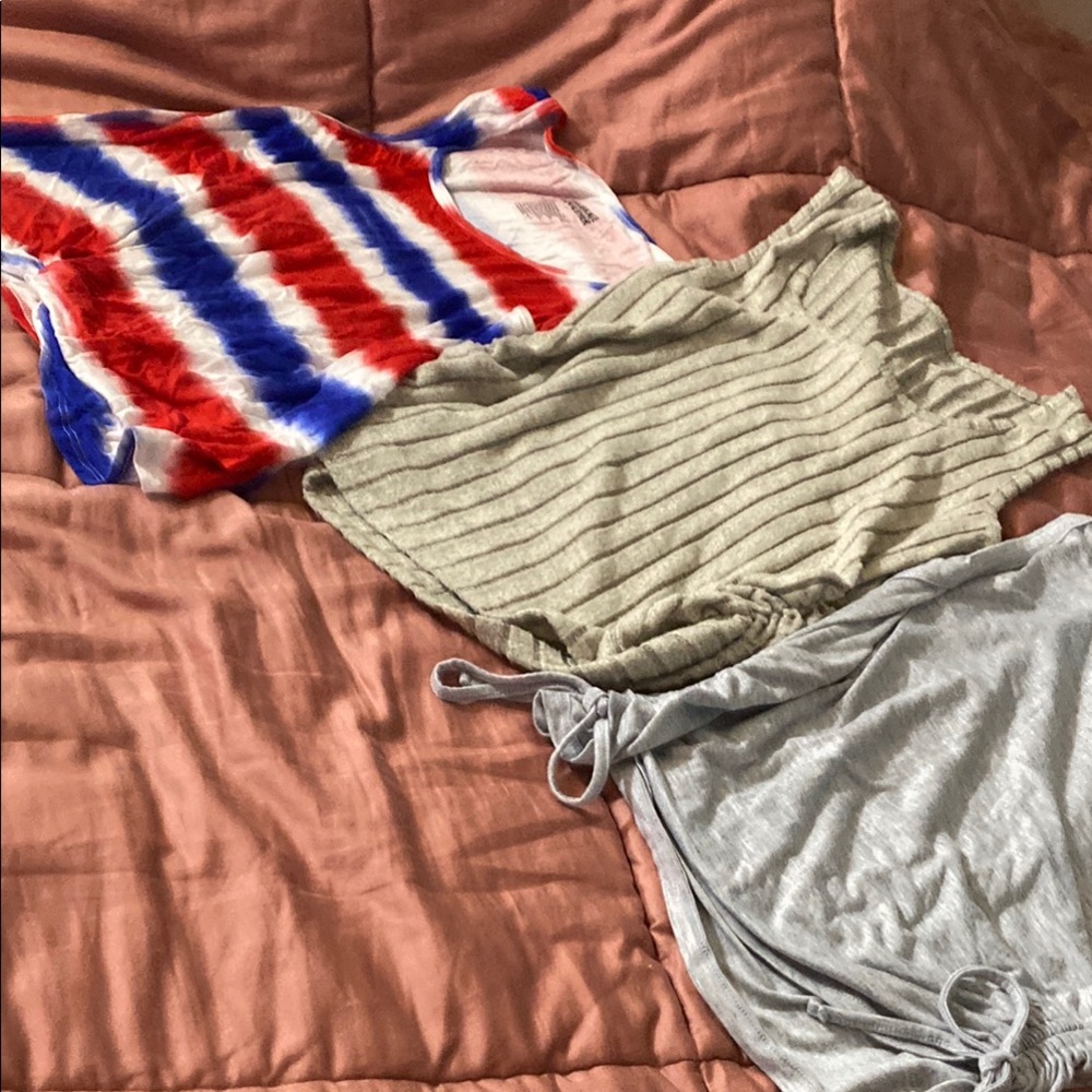 Red and White Pencil shirts ,gray shirt, and a white shirt.